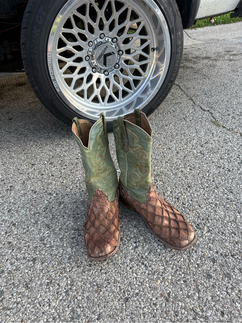 Men's Two-Tone Brown & Green Exotic Pattern Cowboy Boots
